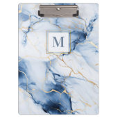 White Blue Gold Marble Monogram Initial Clipboard Klemmbrett (Vorderseite)