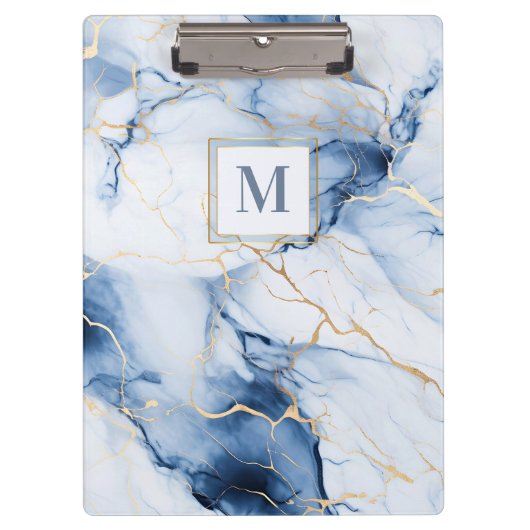 White Blue Gold Marble Monogram Initial Clipboard Klemmbrett (Vorderseite)
