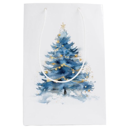 White Blue Gold Weihnachtsbaumen Mittlere Geschenktüte (Vorderseite)