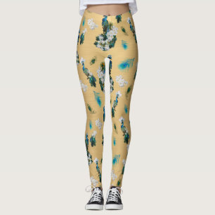 White & Blue-Green Royal-Peacocks auf Gold Leggings