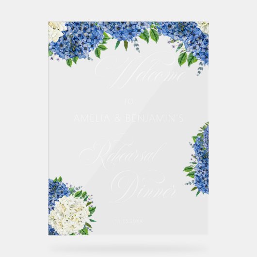 White Blue Hydrangeas Hochzeitsessen Probe Acrylschild (Vorderseite)