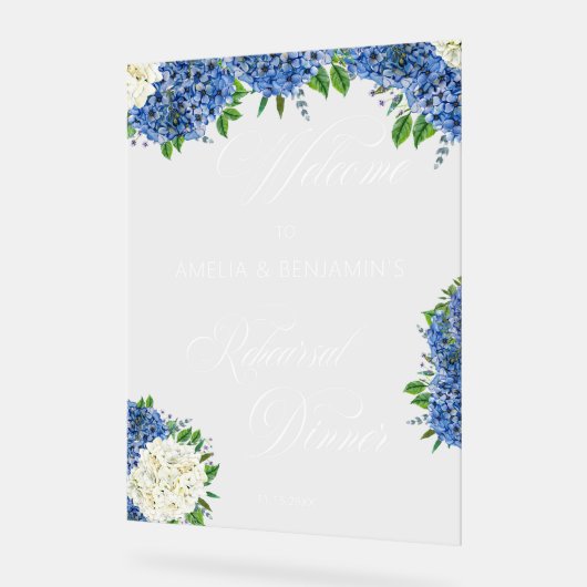 White Blue Hydrangeas Hochzeitsessen Probe Acrylschild (Winkel)