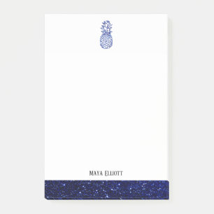 White + Blue Imitats Glitzer Ananas & Border, Name Post-it Klebezettel