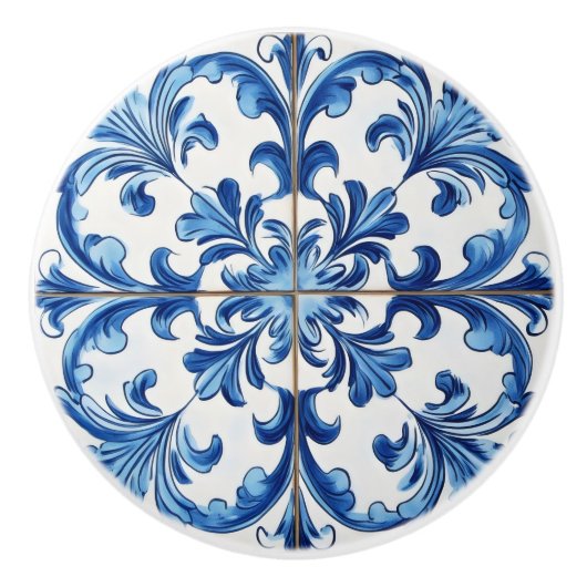 White Blue Italia Tile Pattern Keramikknauf (Vorderseite)