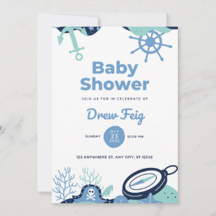 White Blue Niedlich Sailor Baby Dusche Einladung