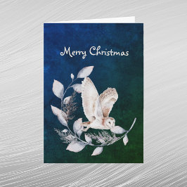 White Blue Owl Blätter Branch Watercolor Feiertagskarte