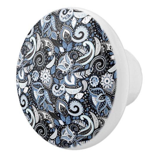 White & Blue Paisley Boho Print Pattern Keramikknauf (Rechts)