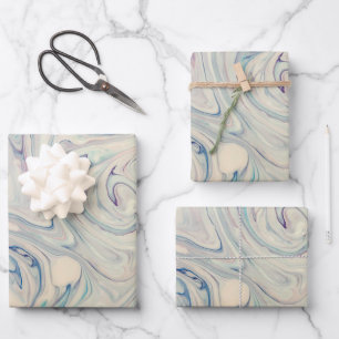 White Blue Pink Modernes Abstraktes Fluid Marbella Geschenkpapier Set