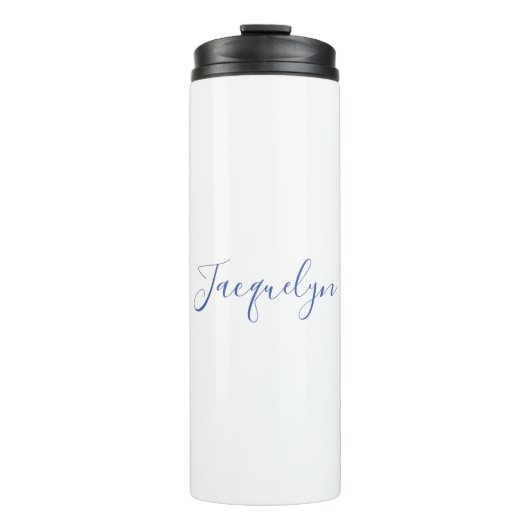 White Blue Schlicht Elegante Moderne Kalligraphie Thermosbecher (Vorderseite)