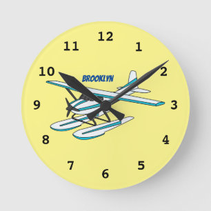 White blue seaplane illustration  runde wanduhr