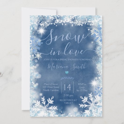 White Blue Snow in Liebe Snowflake Brautparty Einladung (Vorderseite)