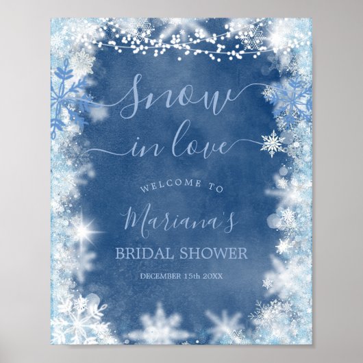 White Blue Snow in Liebe Snowflake Bridal Willkomm Poster (Vorne)