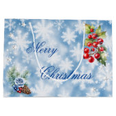 White Blue Snowflake Holly Berries Frohe Weihnacht Große Geschenktüte (Rückseite)
