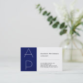 White Blue Strip Trendy Monogram Business Card Visitenkarte (Stehend Vorderseite)