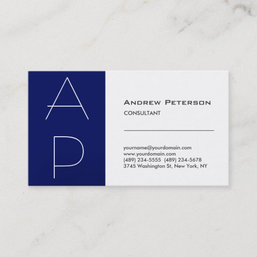White Blue Strip Trendy Monogram Business Card Visitenkarte (Vorderseite)
