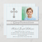 White Blue Stripes Bestätigungs-Foto Einladung (Vorne/Hinten)