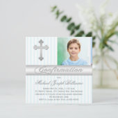 White Blue Stripes Bestätigungs-Foto Einladung (Stehend Vorderseite)