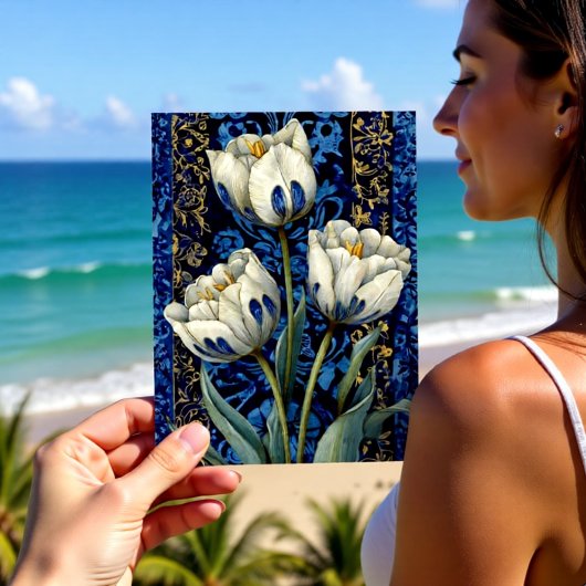 White Blue Tulip Damask Postkarte