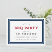 White Blue und Red Gingham GRILLEN Party Einladung (Stehend Vorderseite)