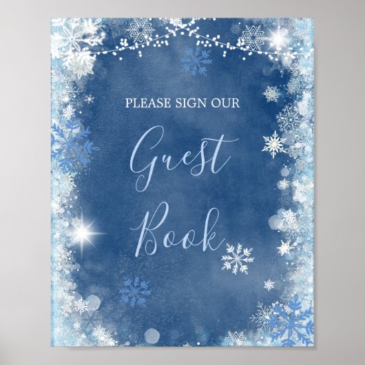 White Blue Winter Snowflake Bridal Gastbuch Poster (Vorne)