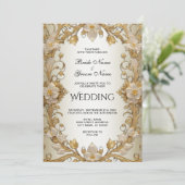 White Blume Decorative Gold Hochzeit Einladung (Stehend Vorderseite)