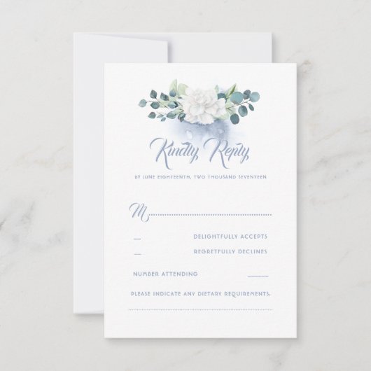 White Blume Dusty Blue Wedding RSVP (Vorderseite)