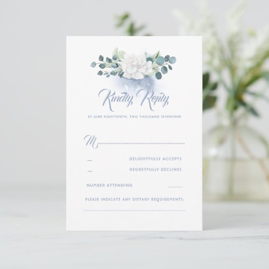 White Blume Dusty Blue Wedding RSVP (Stehend Vorderseite)