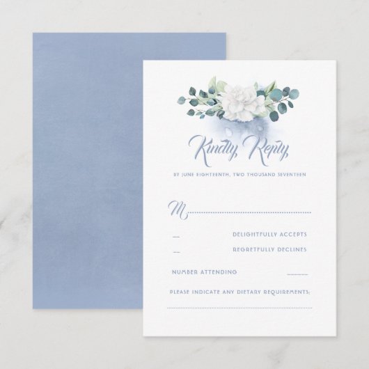 White Blume Dusty Blue Wedding RSVP (Vorne/Hinten)