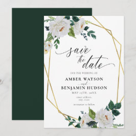 White Blume Emerald Gold Floral Save the Date Einladung