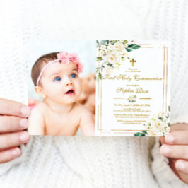 White Blume & Gold Foto Erste Heilige Kommune Einladung