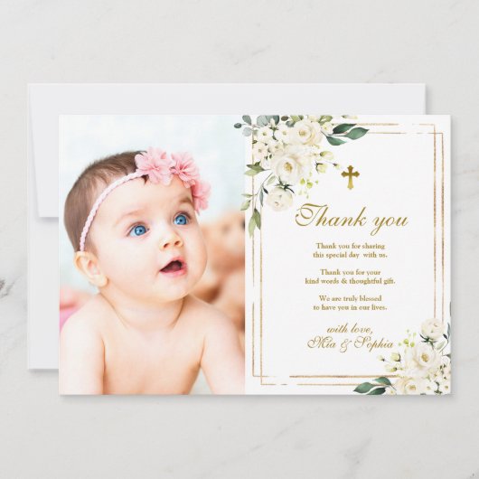 White Blume & Gold Foto Taufe Danke Karte (Vorderseite)