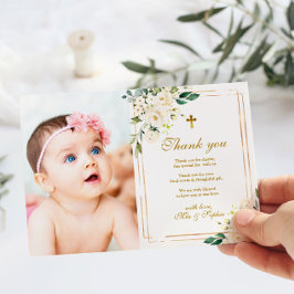 White Blume & Gold Foto Taufe Danke Karte