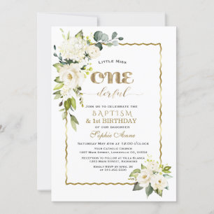 White Blume Gold Girl First Birthday & Baptisse Einladung