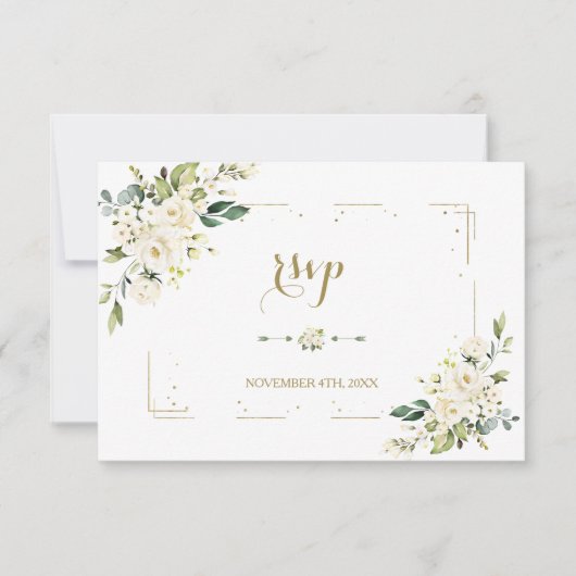 White Blume Gold Glitzer Frame Confetti Wedding RSVP Karte (Vorderseite)