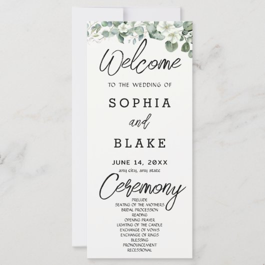 White Blume Greenery Off White Wedding Programm (Vorderseite)