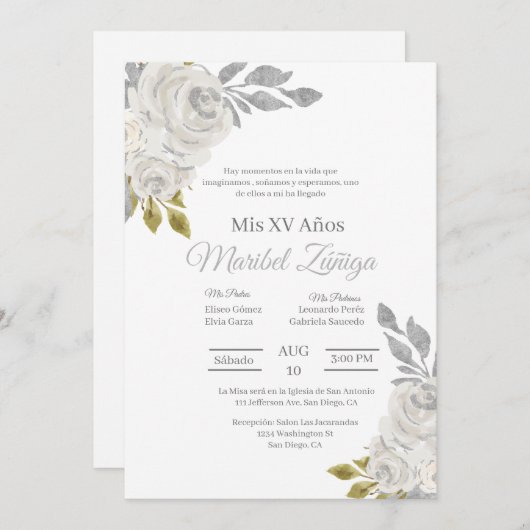 White Blume Quinceanera Einladung (Vorne/Hinten)