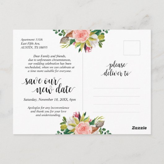 White Blush Florals, Rett unser neues Datum, versc Postkarte (Rückseite)