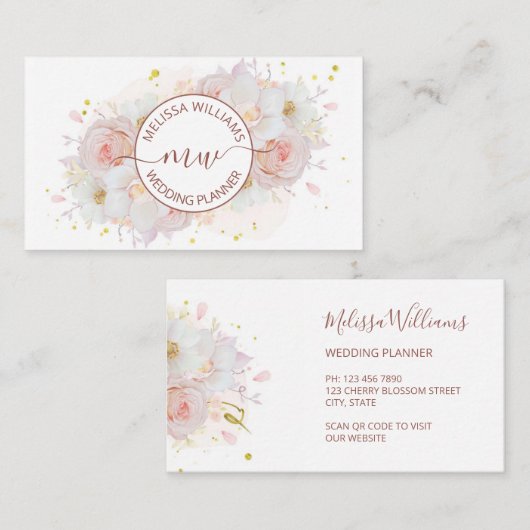 White Blush Flowers Logo Initials Visitenkarte (Vorne/Hinten)