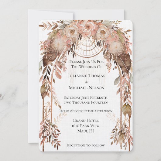 White Blush Pink Cream Boho Blues Wedding Arch Einladung (Vorderseite)