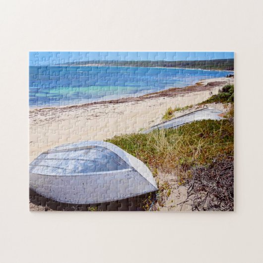 White boat Beach Blue Sky Ocean Foto Puzzle (Horizontal)