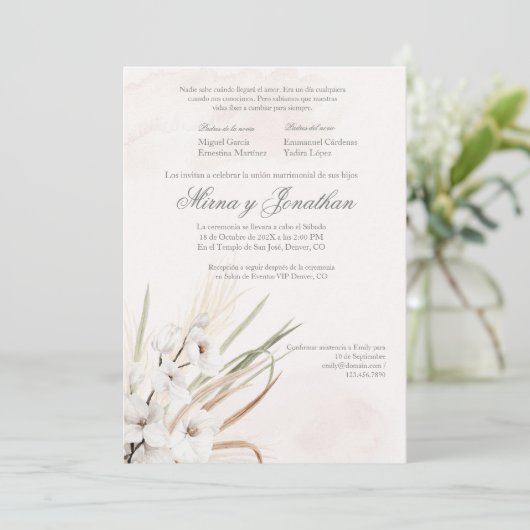 White Boho Beige Einladung (Stehend Vorderseite)