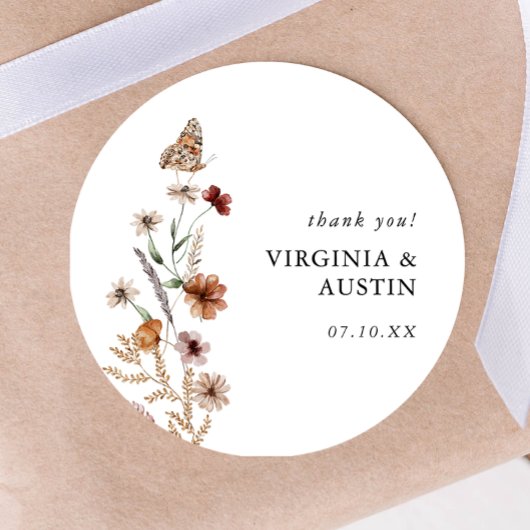 White Boho Floral Classic Round Sticker