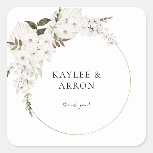 White Boho Floral Danke Ihnen 2 Quadratischer Aufkleber (Vorderseite)