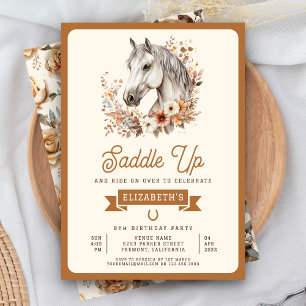 White Boho Floral Horse Cowgirl Geburtstagsparty Einladung