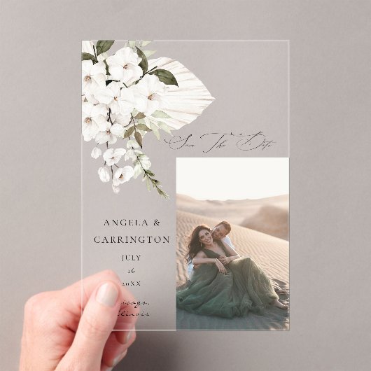White Boho Floral Save the Date Foto Acryleinladungen (Insitu (Handheld))