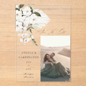 White Boho Floral Save the Date Foto Acryleinladungen (Vorderseite)