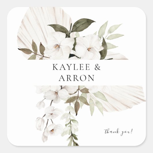 White Boho Floral Vielen Dank Quadratischer Aufkleber (Vorderseite)