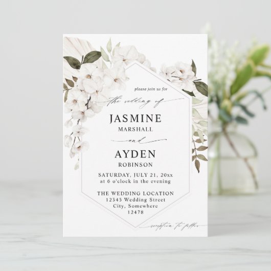 White Boho Floral Wedding Einladung V2 LN (Stehend Vorderseite)