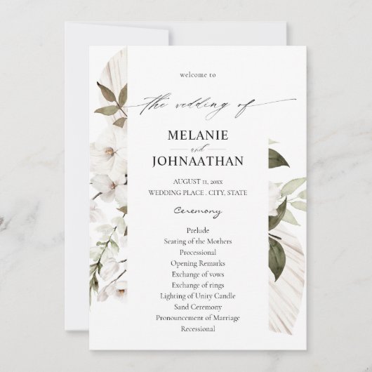 White Boho Floral Wedding Program Einladung (Vorderseite)