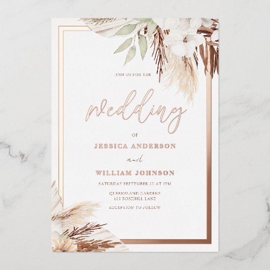 White Boho Floral Wedding Real Rose Gold Folieneinladung (Vorderseite)